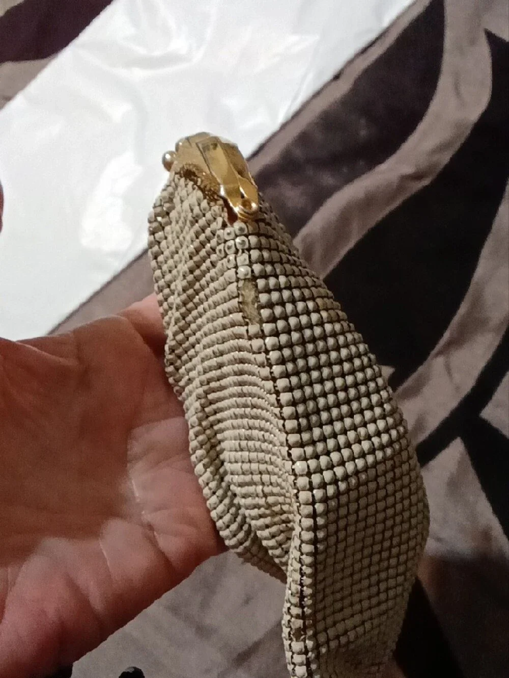 Beaded Evening Clutch - Light Gray with Gold Frame